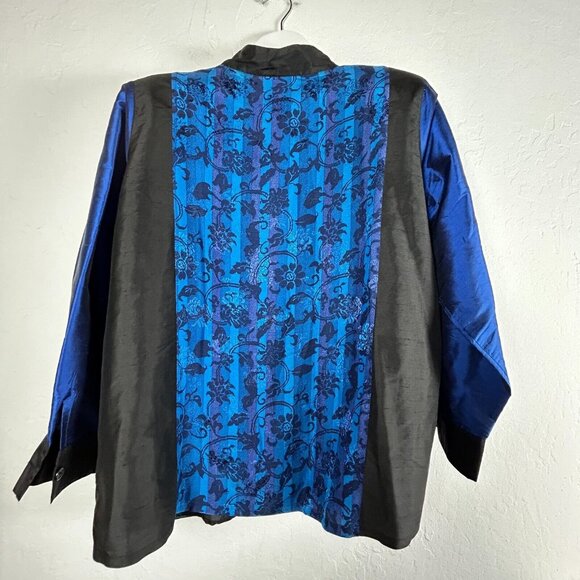 Koos Of Course Women's Long Sleeve Button Down Top Silk 1X Blue Floral Patchwork - Picture 2 of 9